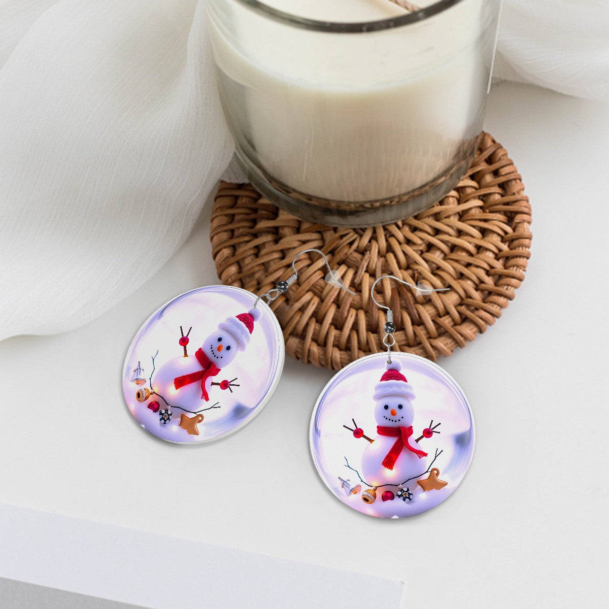 Christmas Snowman Leather Round Earrings - World Kryptonite