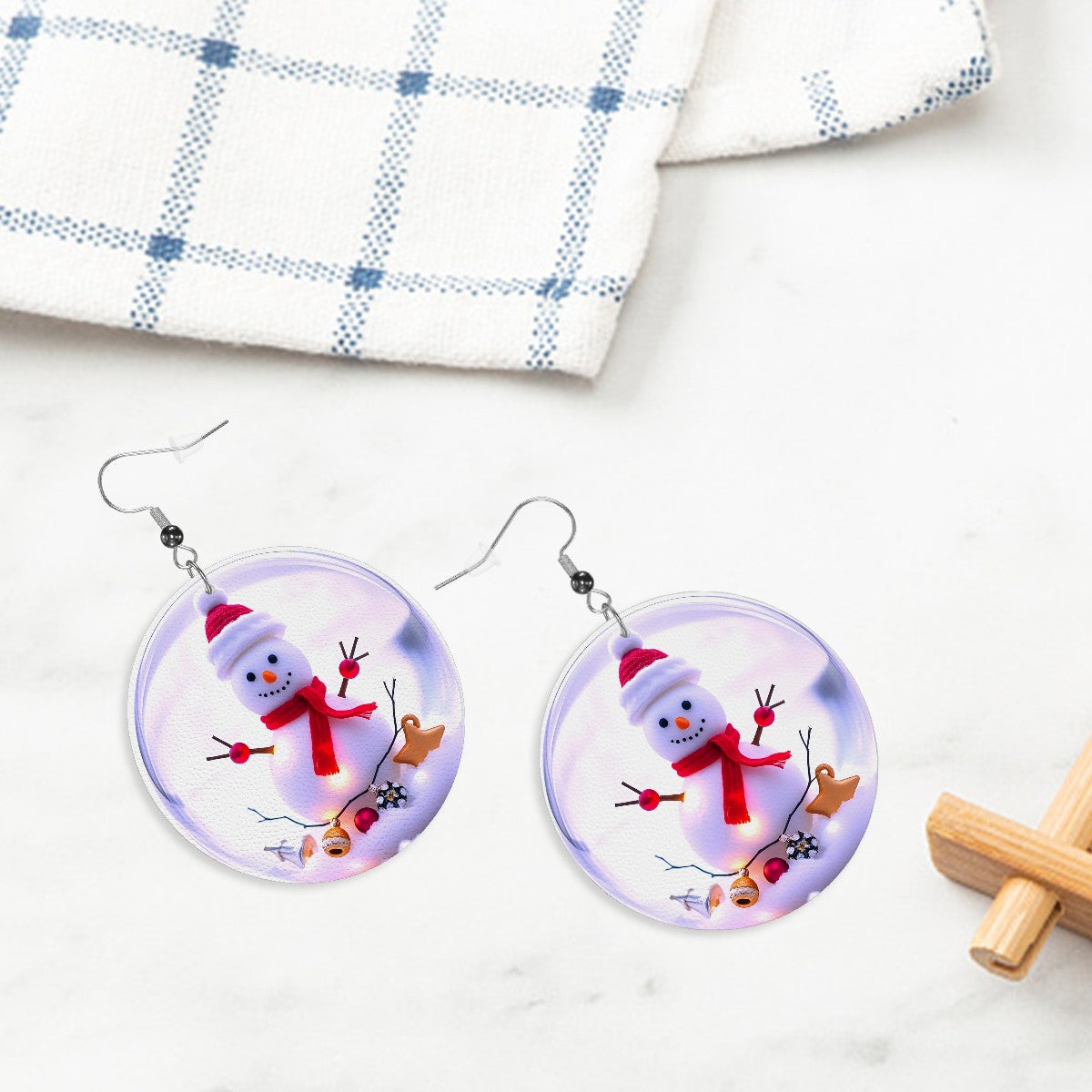 Christmas Snowman Leather Round Earrings